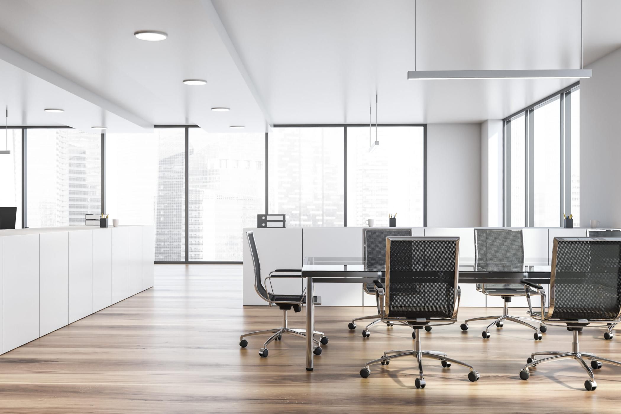 Modern empty office interior with work space. 3D render
