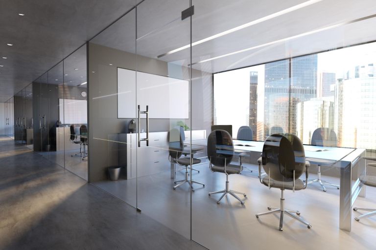 View of a Glass Office Room Wall Mockup - 3d rendering